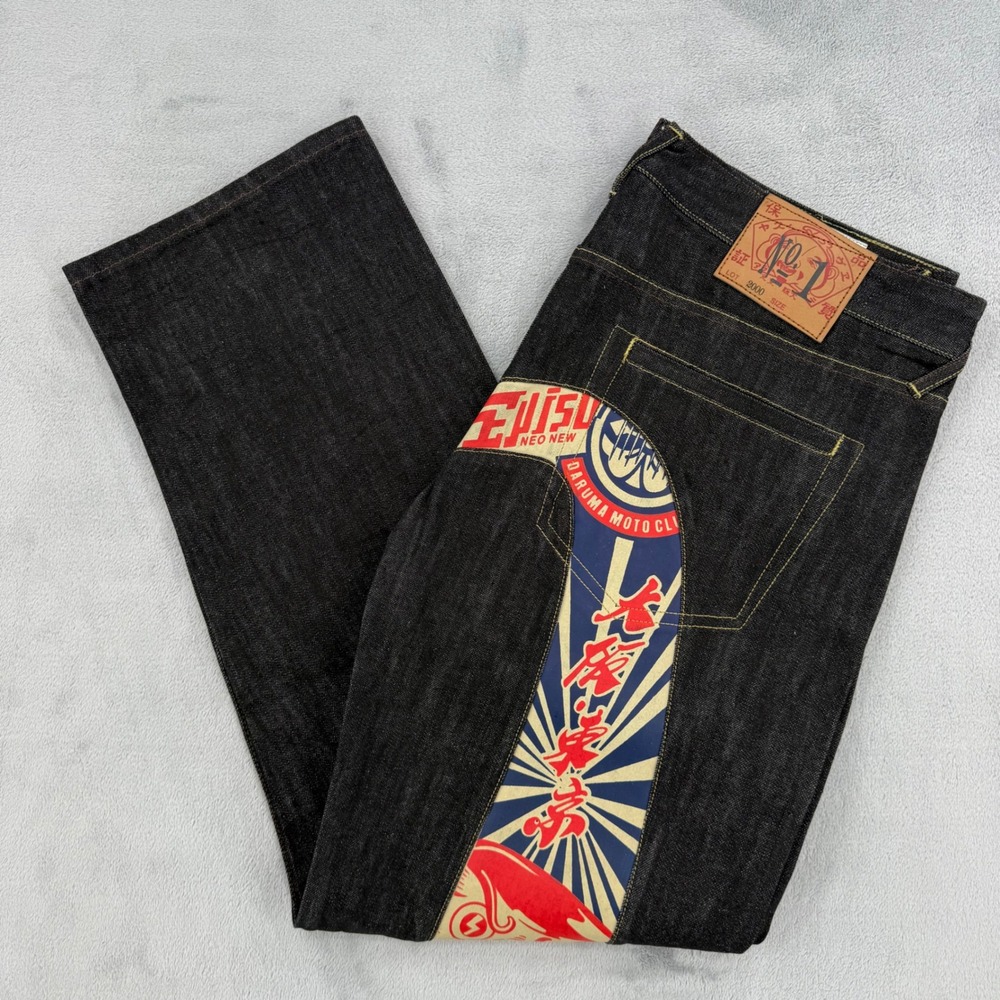 Evisu Jeans Mens Size 36 No 1 Special Lot 2000 Indigo Daruma Moto Club Graphic